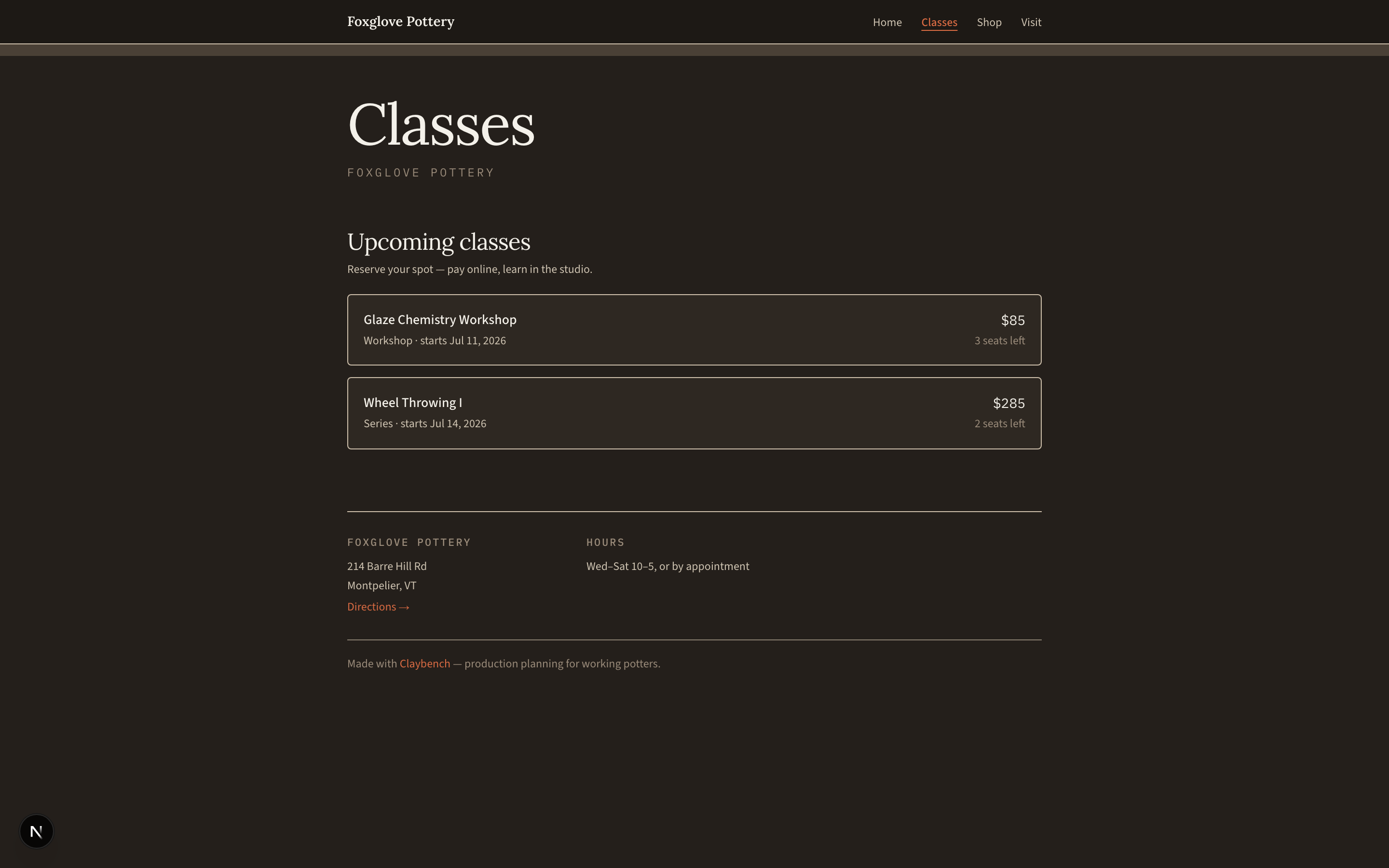 A studio's public class page on Claybench — students book and pay online, seat counts live