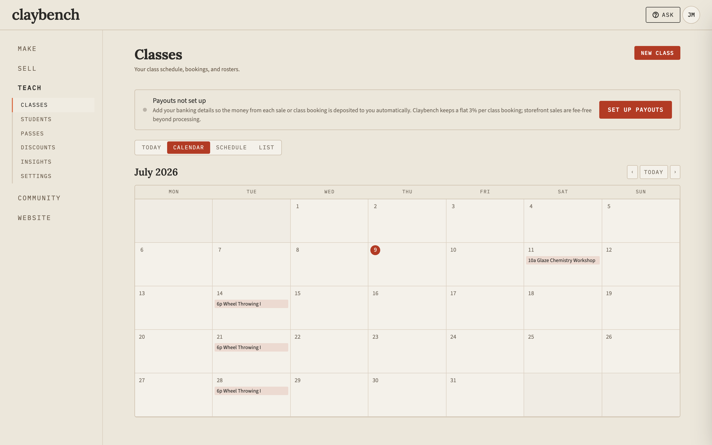 The studio's class schedule inside Claybench — sessions, enrollment, and the month at a glance